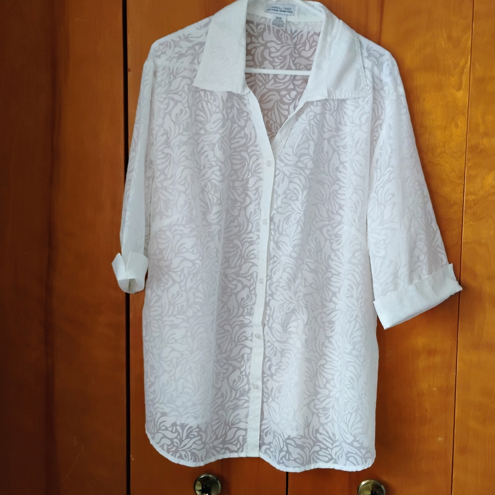 Elegant Carroll Reed  White Sheer Blouse Size 2X  Button V-neck 3/4 Sleeves